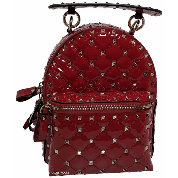 Valentino Handbags - Valentino Red Patent Leather Spike Mini Backpack